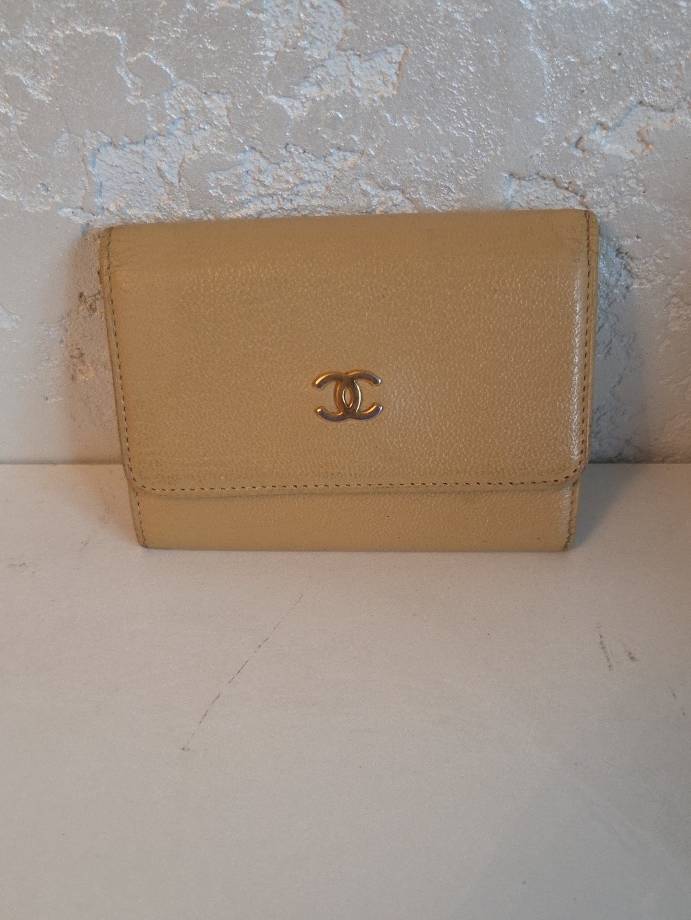 CHANEL Beige Pebbled Leather Wallet with Gold CC Emblem With COA